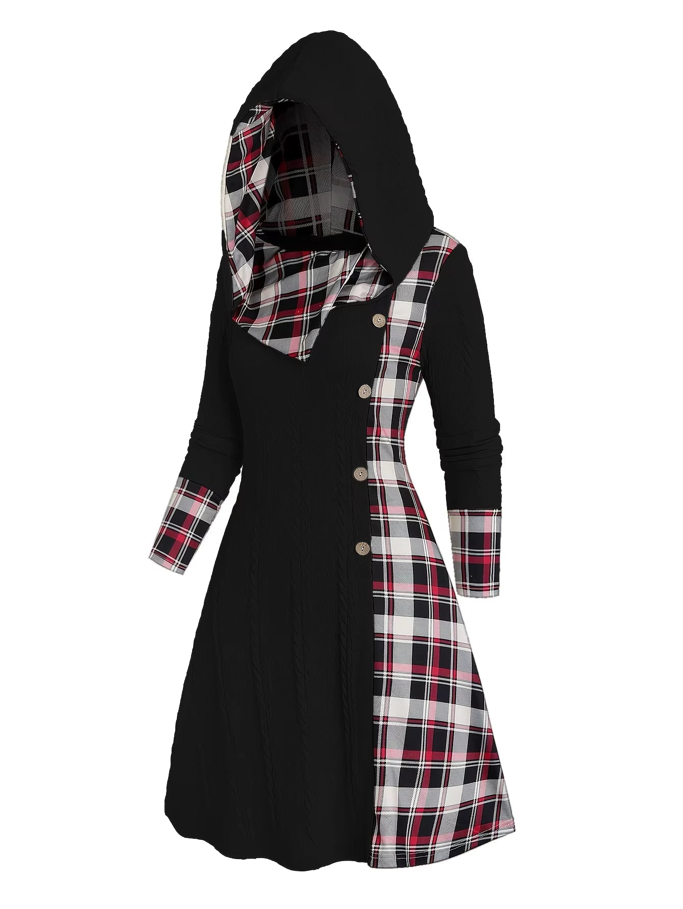 Hooded Plaid Long Sleeve Dress