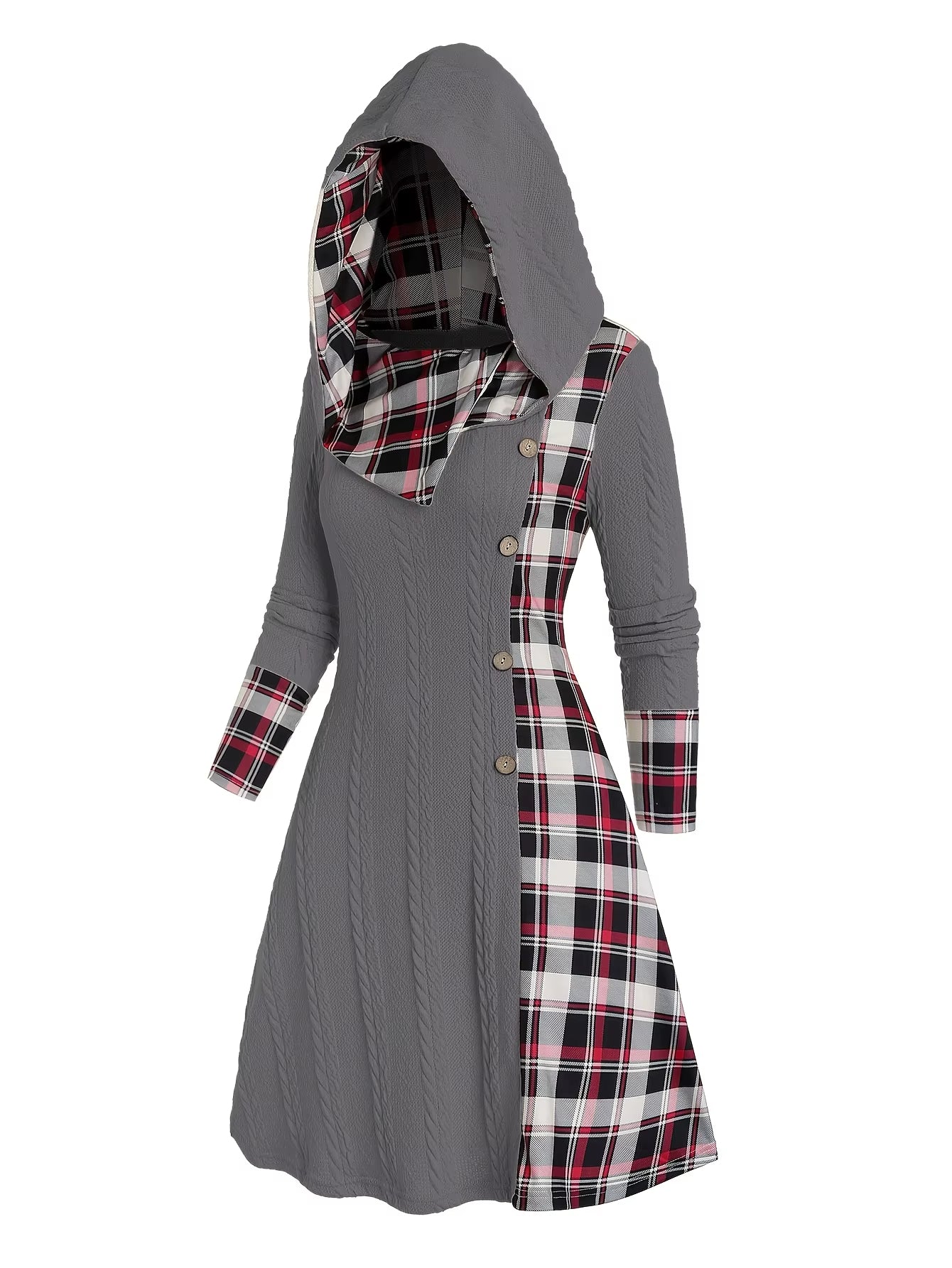 Hooded Plaid Long Sleeve Dress
