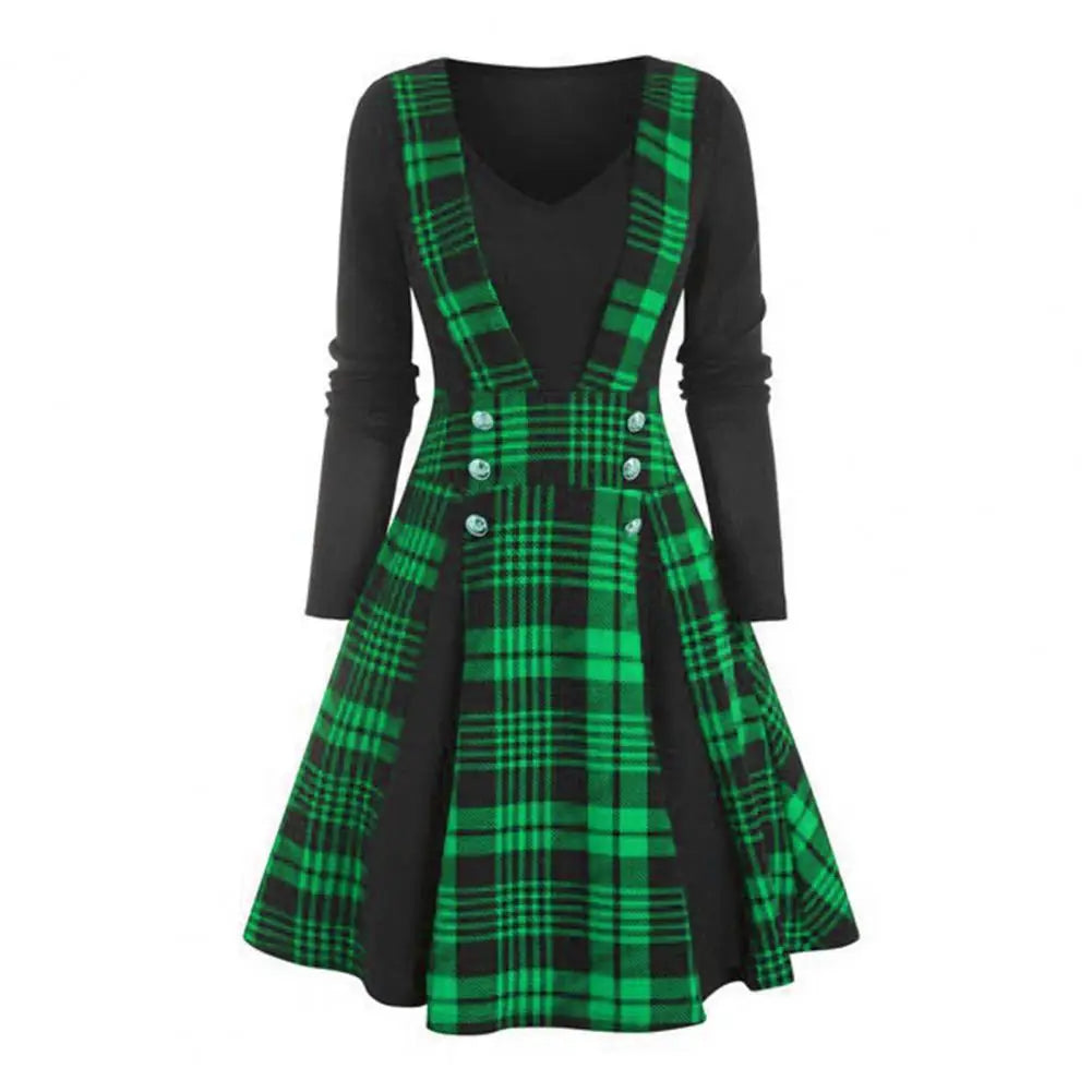 Plaid V Neck Long Sleeve Dress