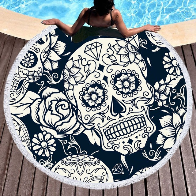 Skull White Flower Beach Towel