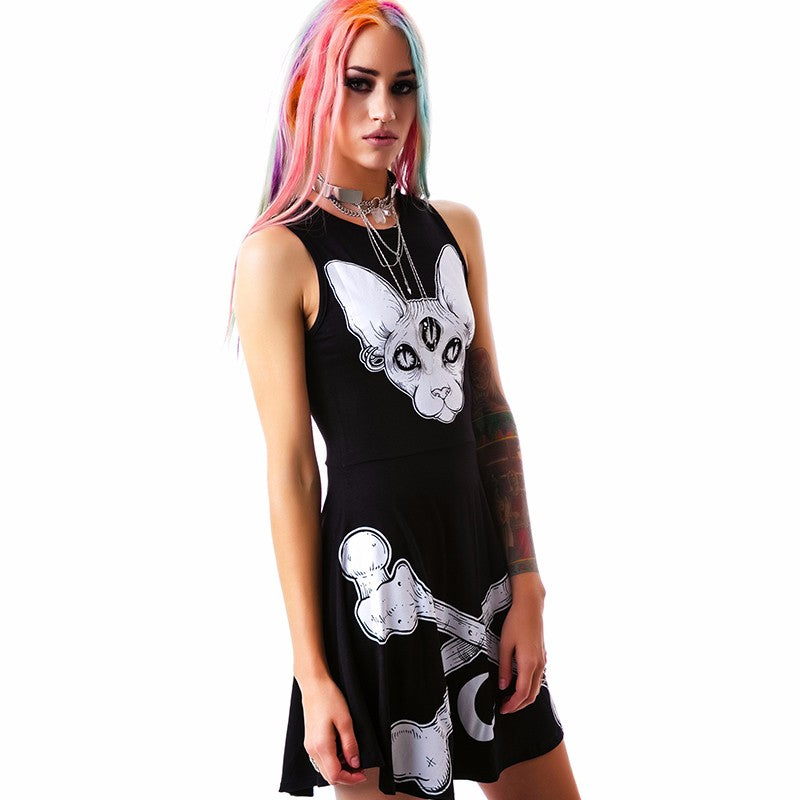 Gothic Cat Moon Slim Mini Dress