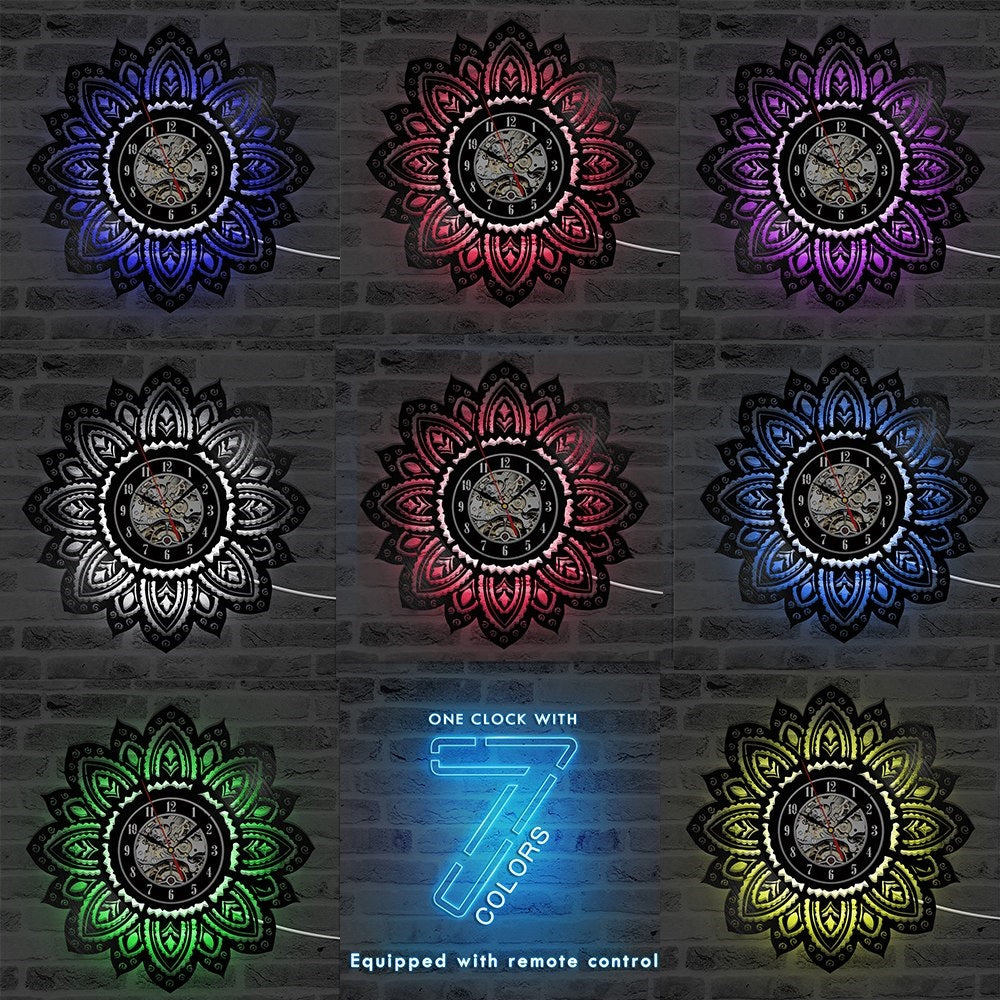 LED Flower Home Vinyl 7 Color Changing 3D Clock