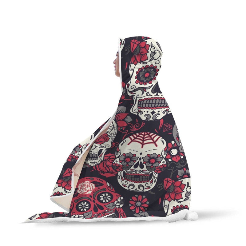 Red Sugar Skull Floral Hooded Blanket