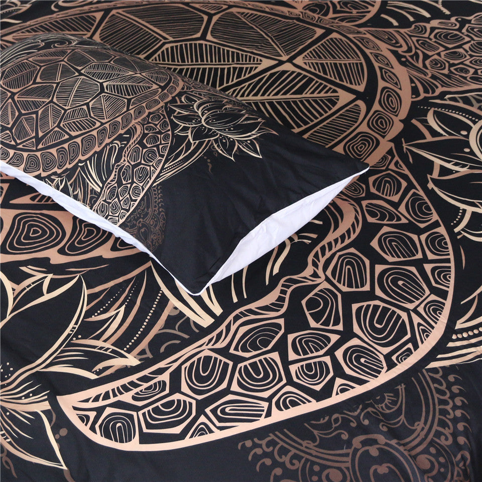 Golden Tortoise Lotus Flower Luxury Duvet Bedding Set