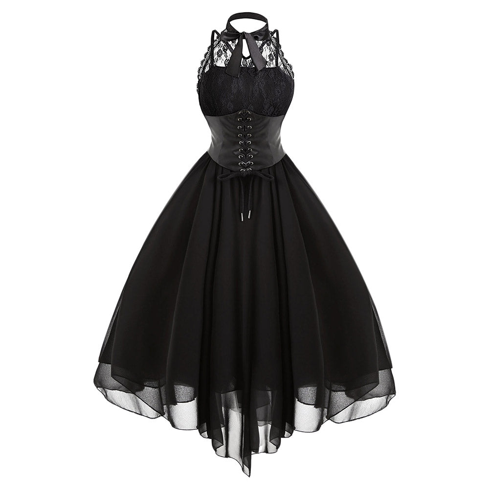 Gothic Cross Back Lace Panel Corset Dress