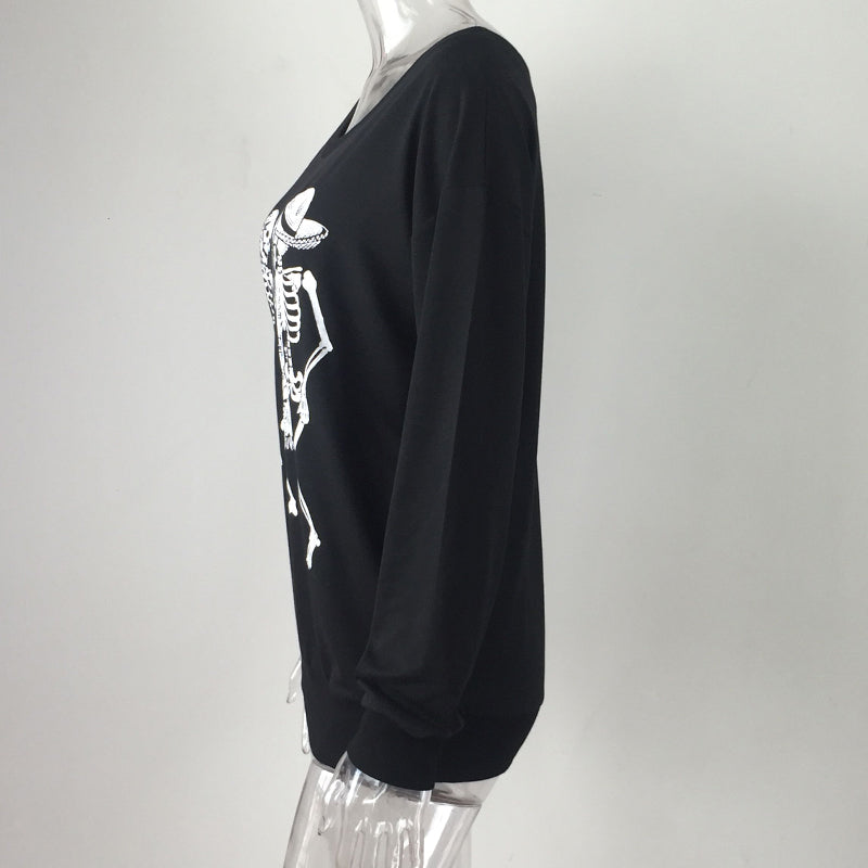 Off The Shoulder Skeleton Dance Long Sleeve Top
