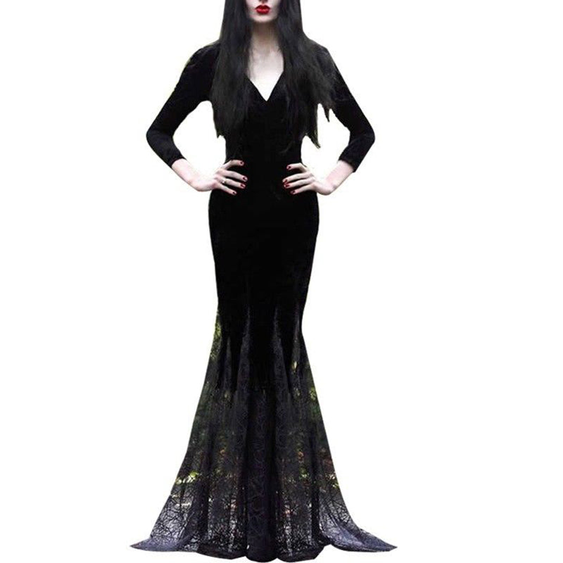 Long Lace Mermaid Halloween Slim Gothic Black Dress Costume