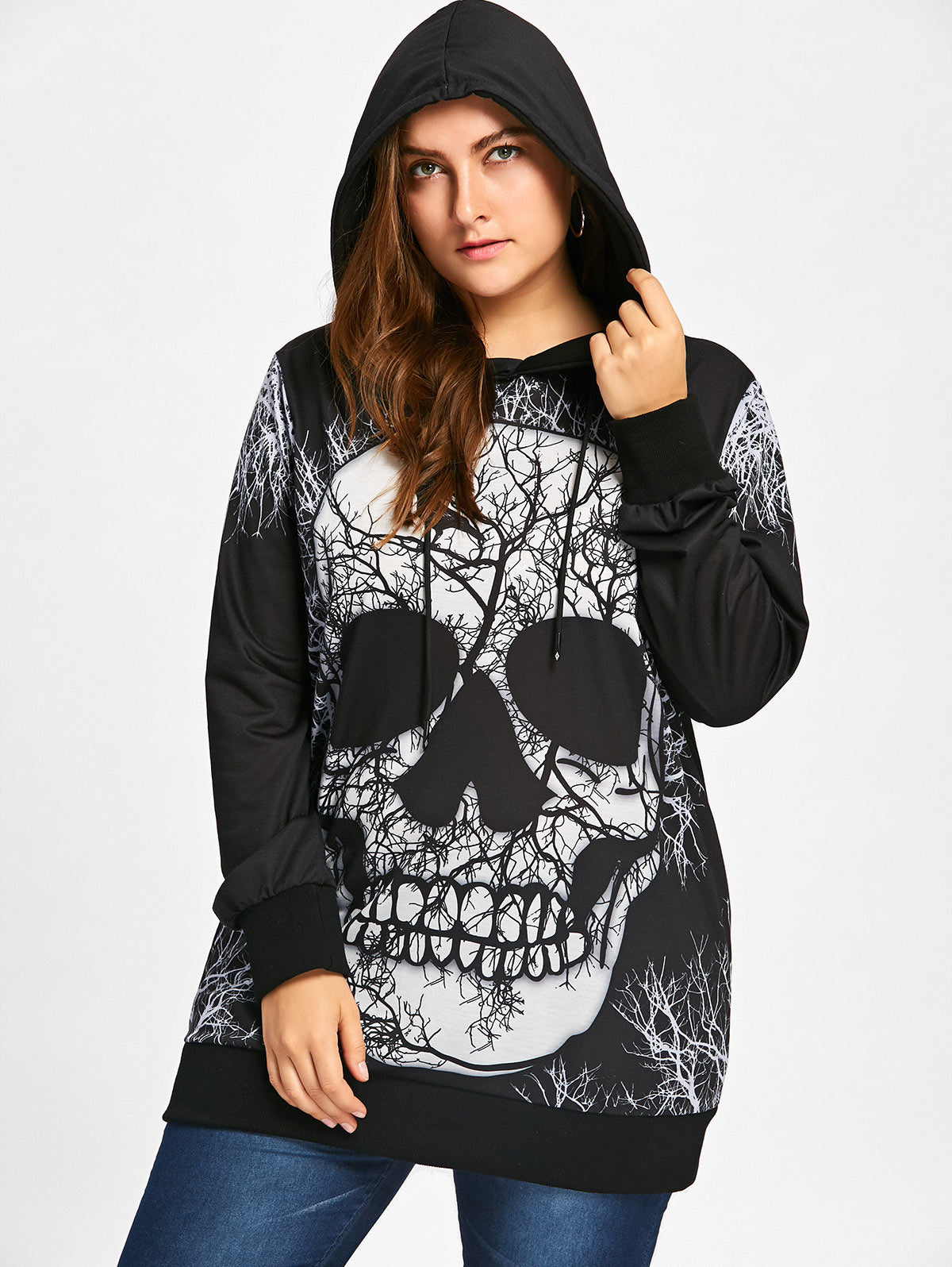 Gamiss Plus Sized Skull Printed Pull Over Hoodie