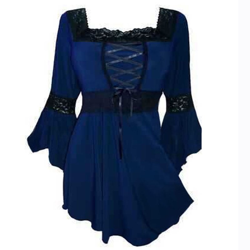 Plus Size Gothic Lace Up Bell Sleeve Shirt