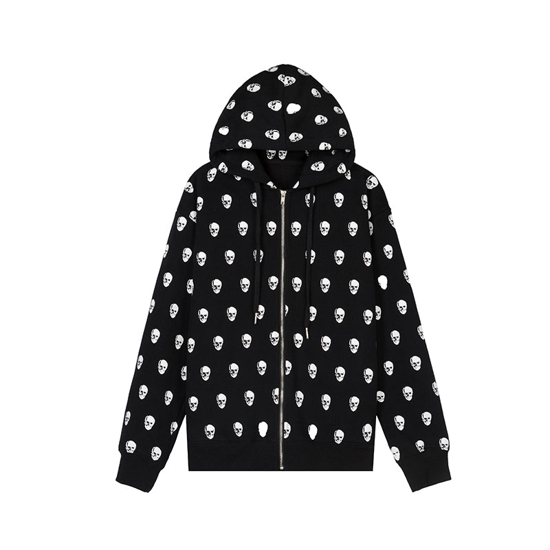 Skull Print Loose Casual Zipper Hoodie