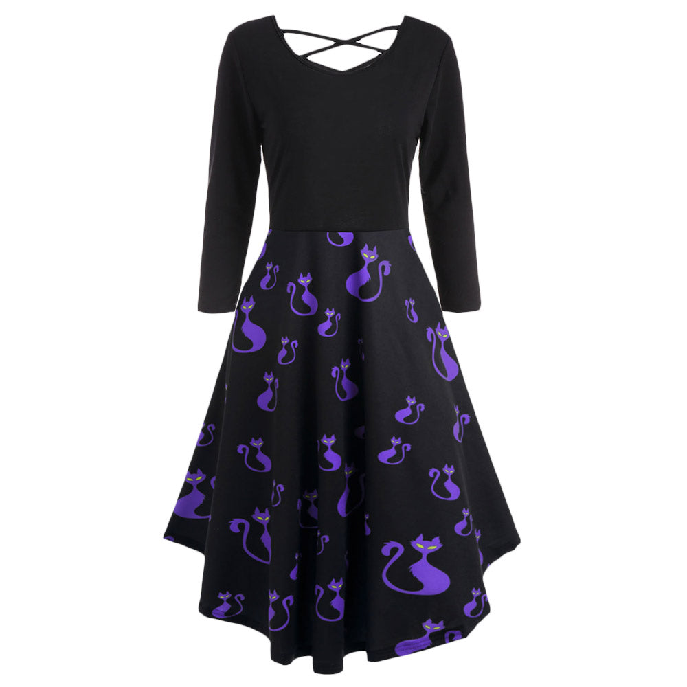 Halloween Pumpkins or Cats Print Plus Size Flare Dress