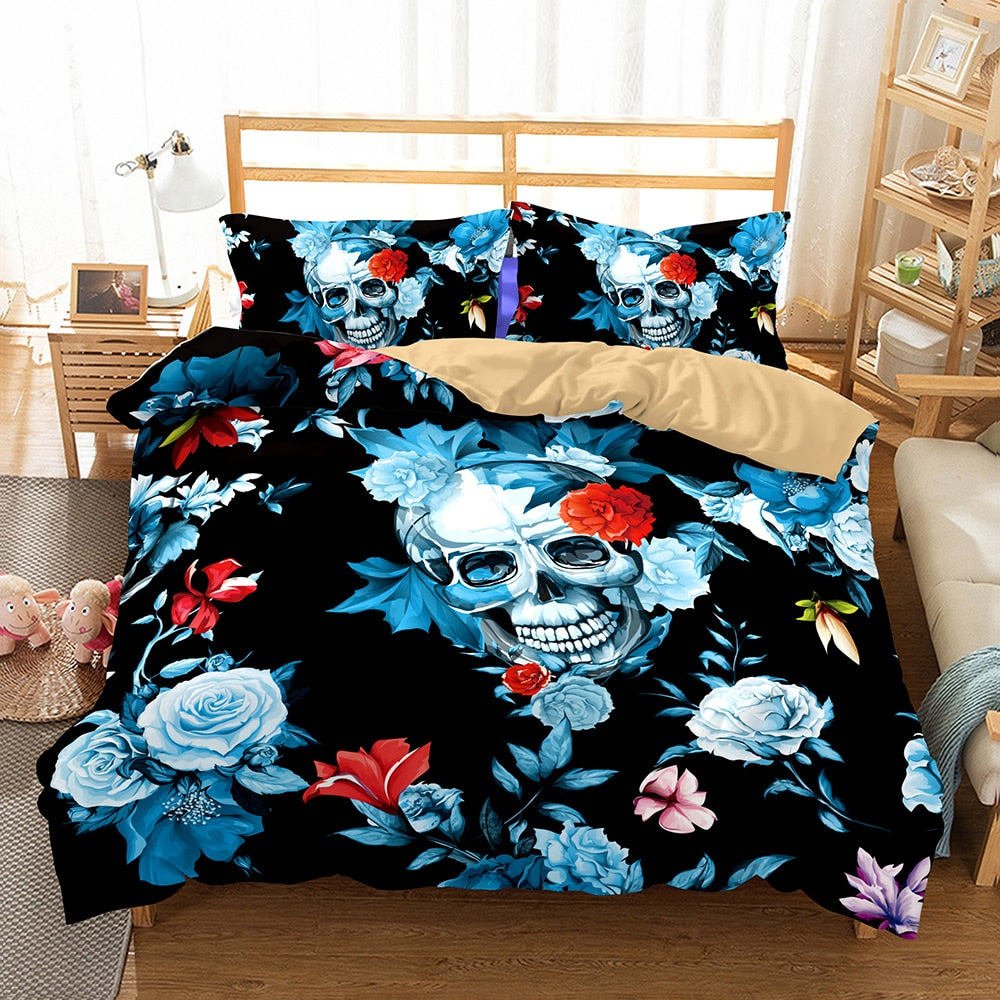 3D Skulls and Flowers 3pc Bedding Set