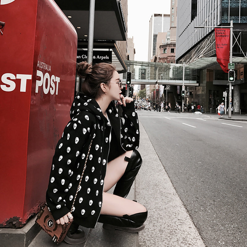 Skull Print Loose Casual Zipper Hoodie