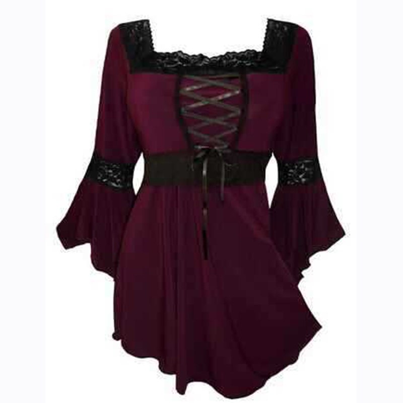 Plus Size Gothic Lace Up Bell Sleeve Shirt