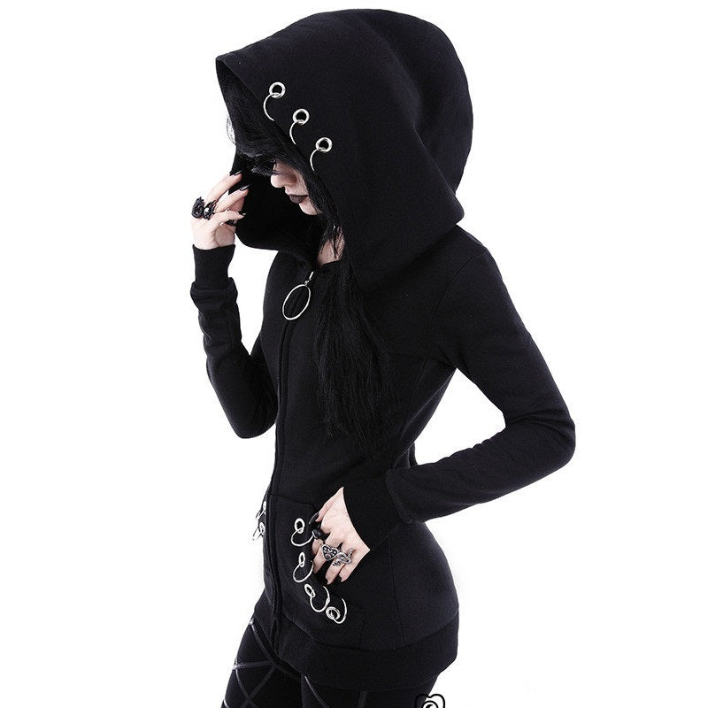 Long Sleeve Zipper Rings Gothic Hooded Sweatshirt
