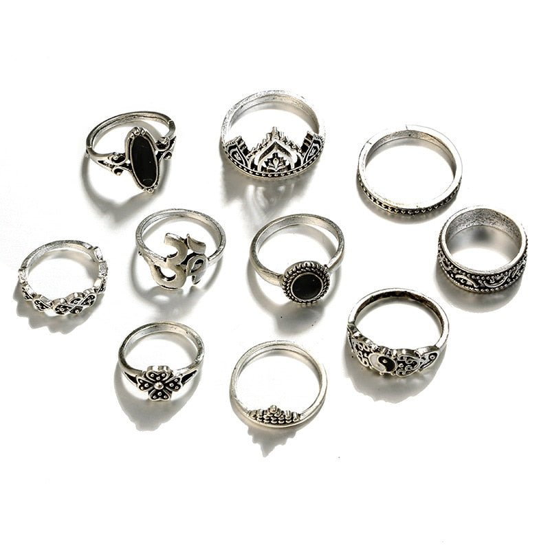 10pcs/Set Bohemia Silver & Black Rings - The Official Strange & Creepy Store!