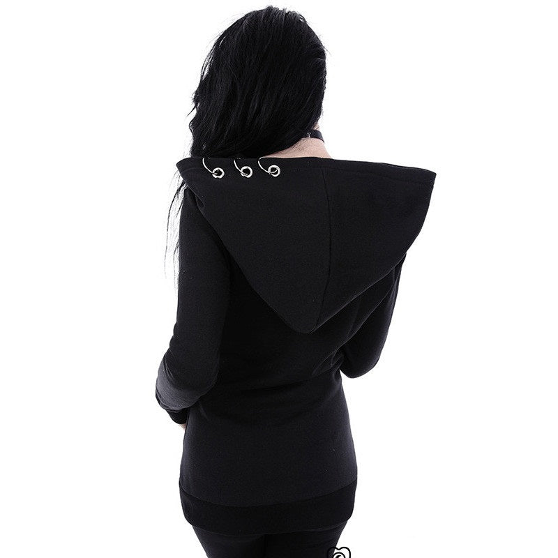 Long Sleeve Zipper Rings Gothic Hooded Sweatshirt