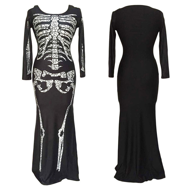 Punk Skeleton Skull Print O-Neck Full Sleeve Slim Dress