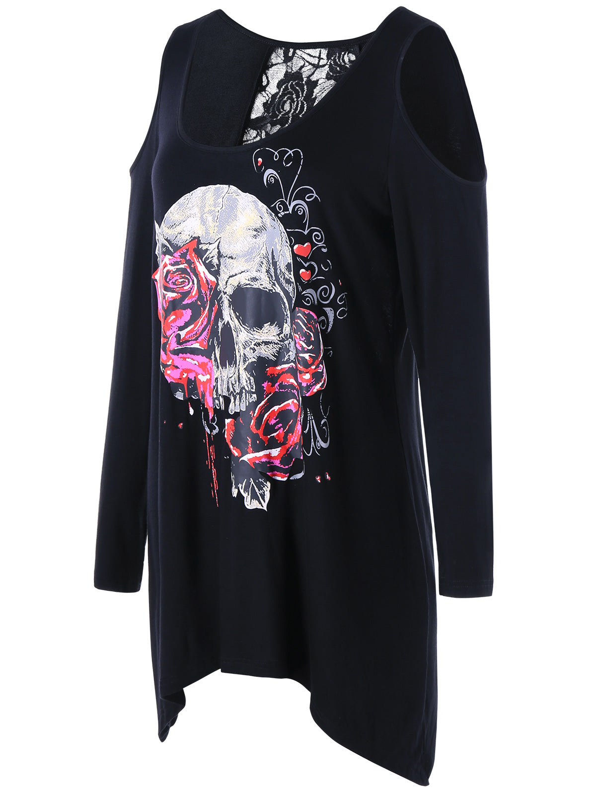 Langstar Scoop Neck Rose Skull Print Lace Shirt