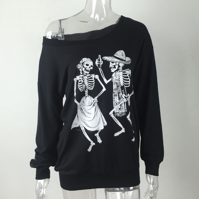 Off The Shoulder Skeleton Dance Long Sleeve Top