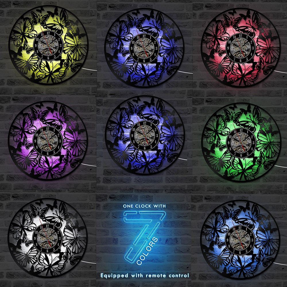 LED Butterfly Vinyl 7 Color Changing 3D Clock