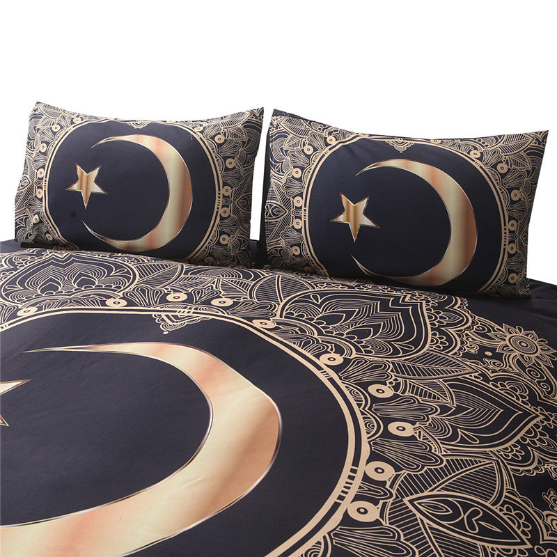Gold and Black Mandala Crescent Moon Star 3 pc Duvet Cover Sheet Bedding Set