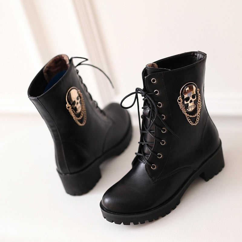 Skull Lace Up Ankle Women Gothic Boots