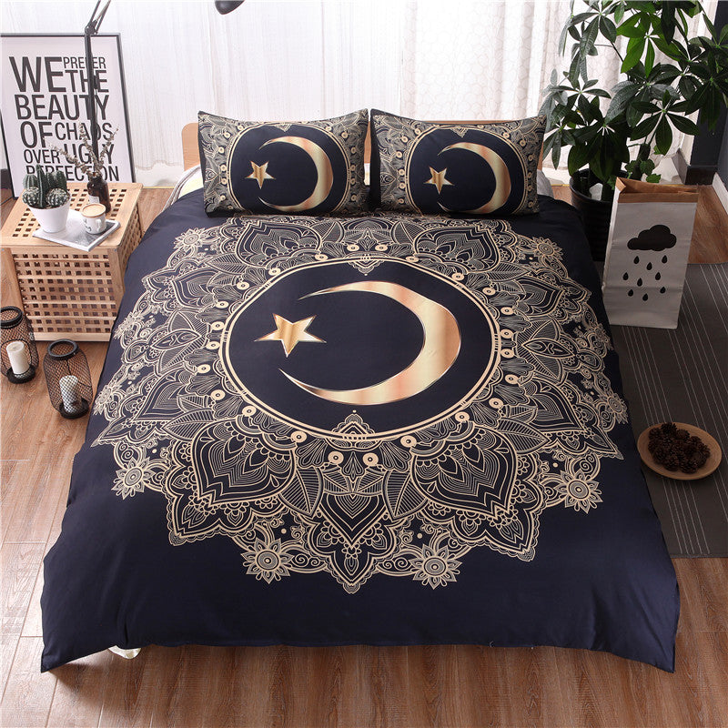 Gold and Black Mandala Crescent Moon Star 3 pc Duvet Cover Sheet Bedding Set