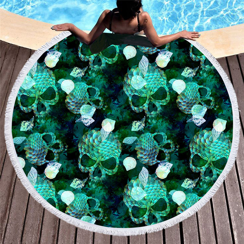 Skull Flower Round Beach Towel