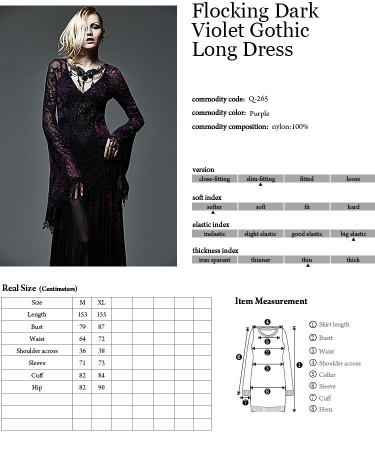 Punk Gothic Palace Flocking Dark Violet Long Dress For Women