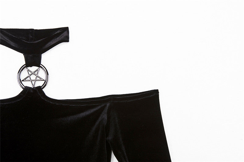 Gothic Long Sleeve Velvet Halter Black Dress