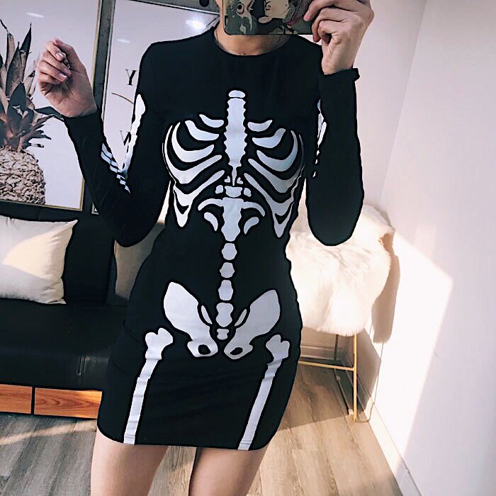 Skeleton Printed Gothic Long Sleeve Dress
