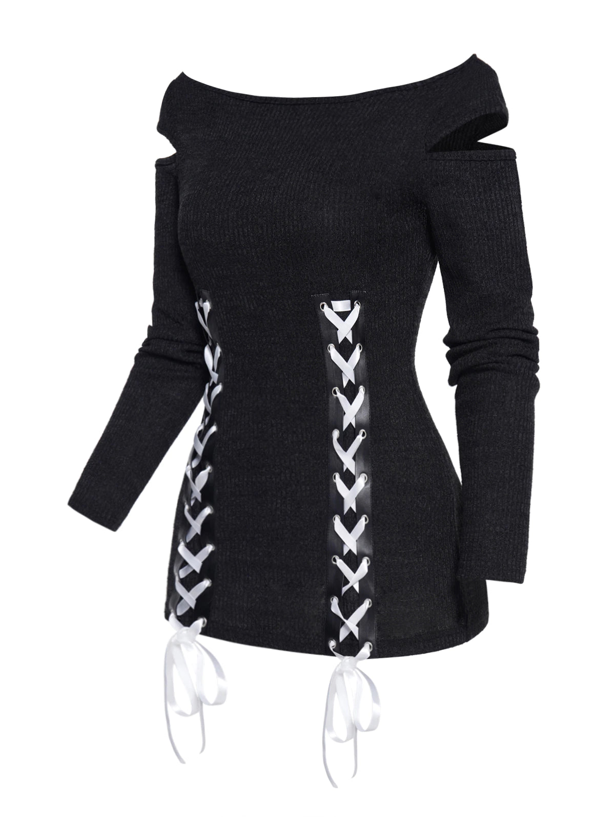 Cold Shoulder Long Sleeve Lace-Up Shirt