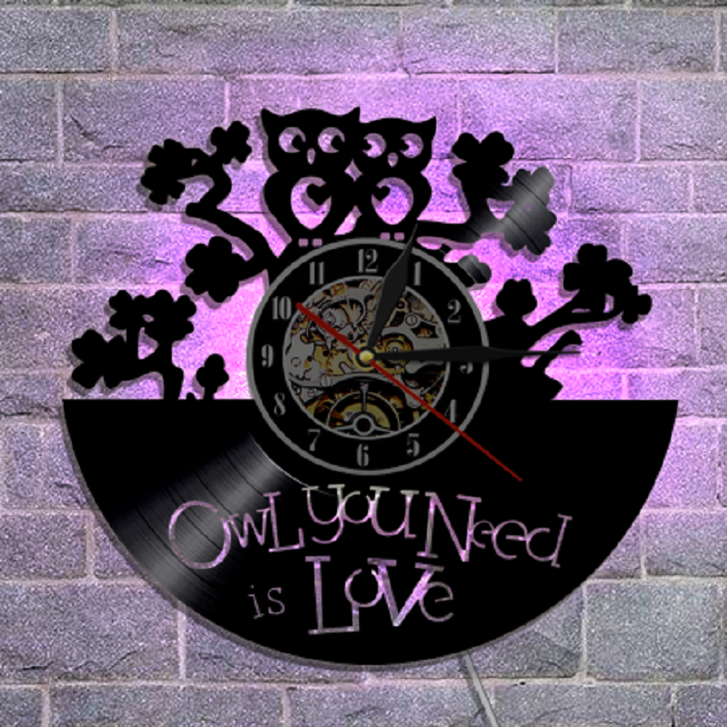 Color Changing 3D LED OWL VINYL WALL CLOCK