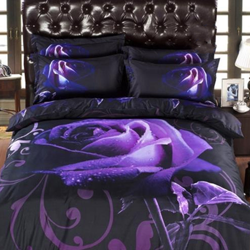 3D 3/4pc Black Purple Rose Duvet Cover Bedding Set