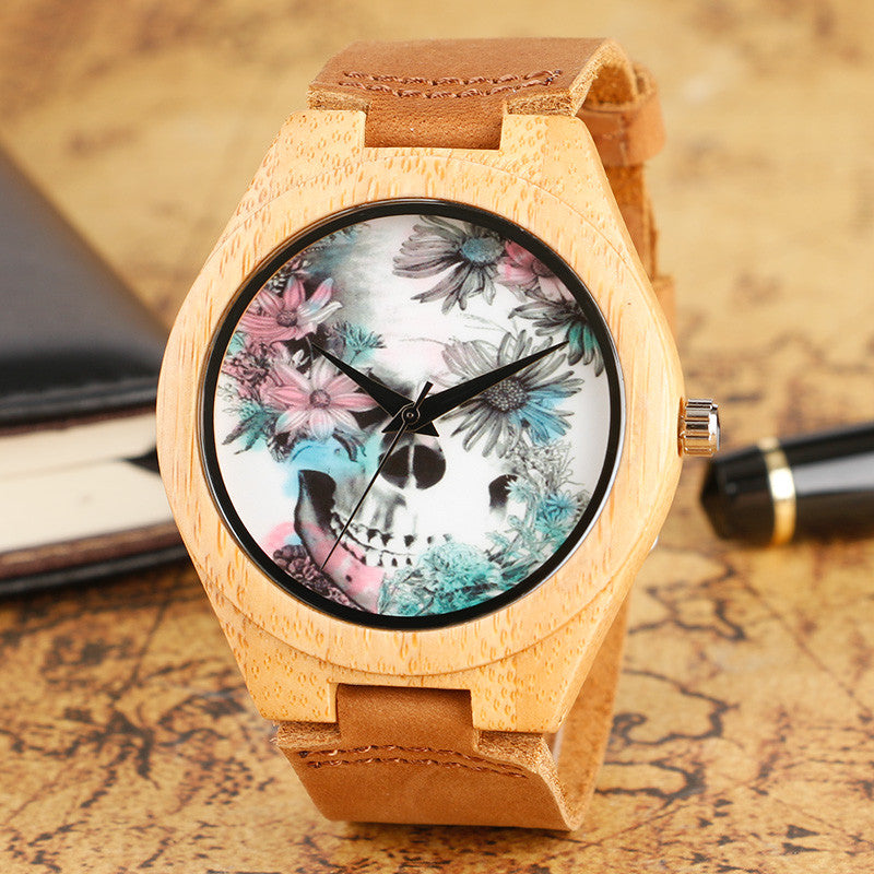 Women Handmade Nature Bamboo Wood Punk Skull Gothic Watch