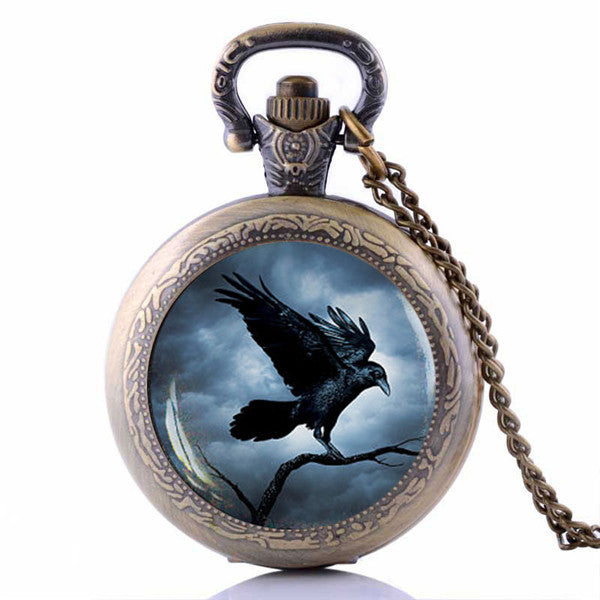 Steampunk Raven Gothic Crow Pocket Watch Necklace
