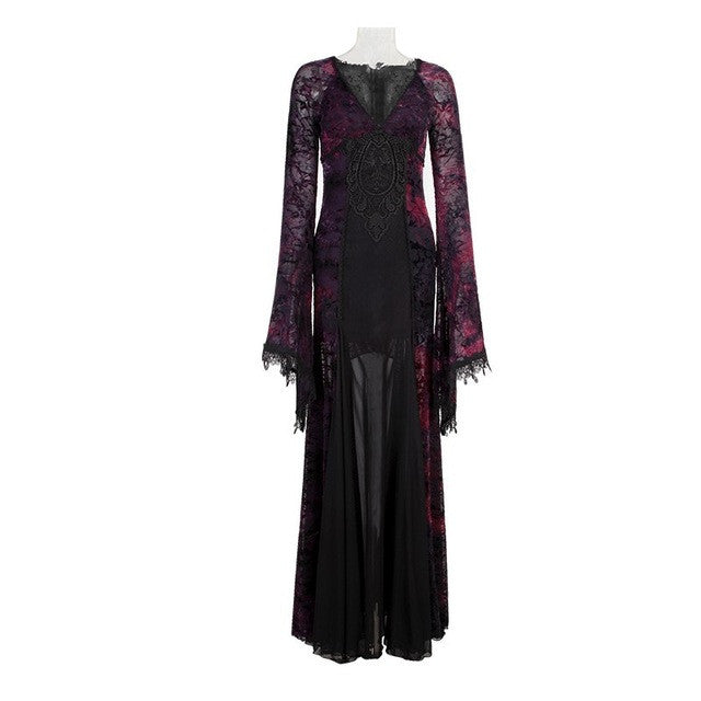 Punk Gothic Palace Flocking Dark Violet Long Dress For Women