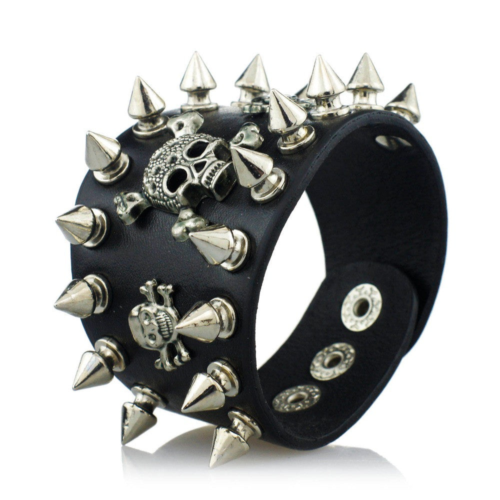 Spikes Rivet Gothic Skeleton Skull Punk Biker Wide Cuff Leather Bracelet