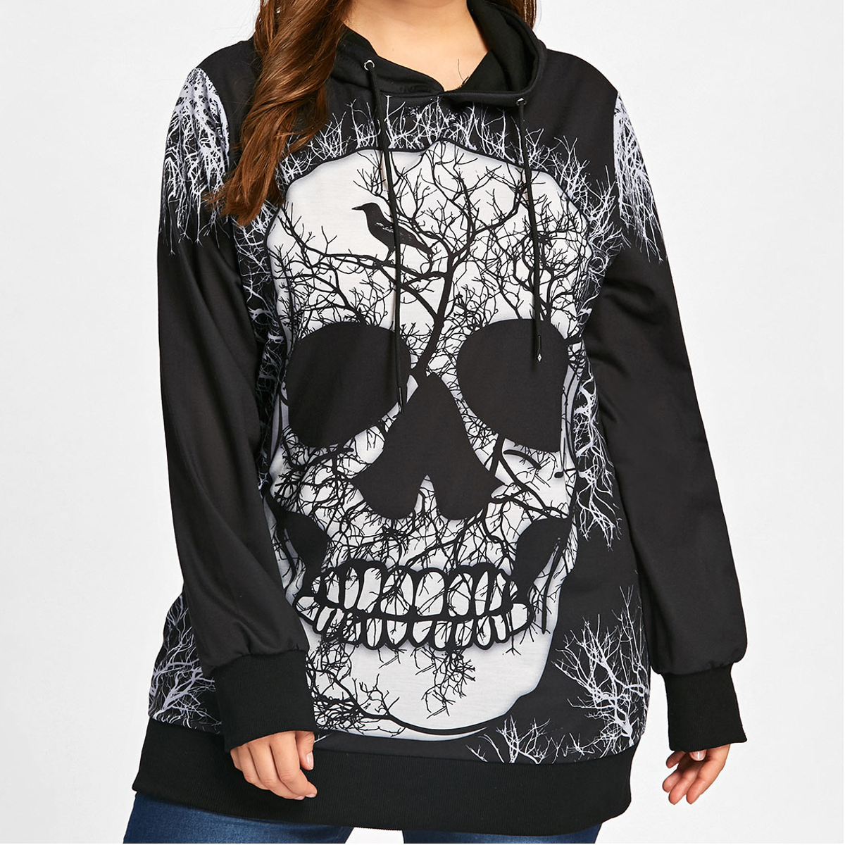 Gamiss Plus Sized Skull Printed Pull Over Hoodie