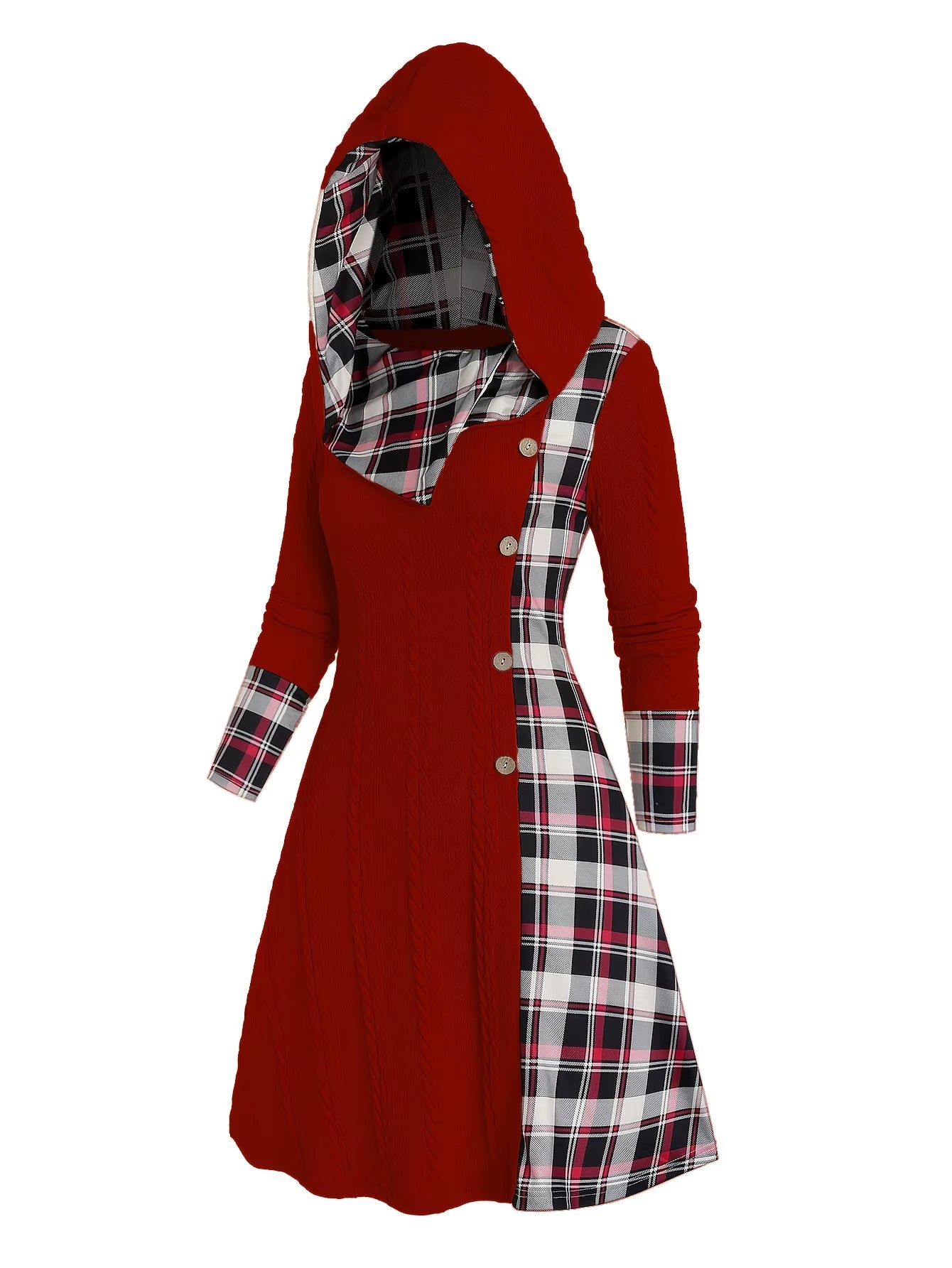 Hooded Plaid Long Sleeve Dress