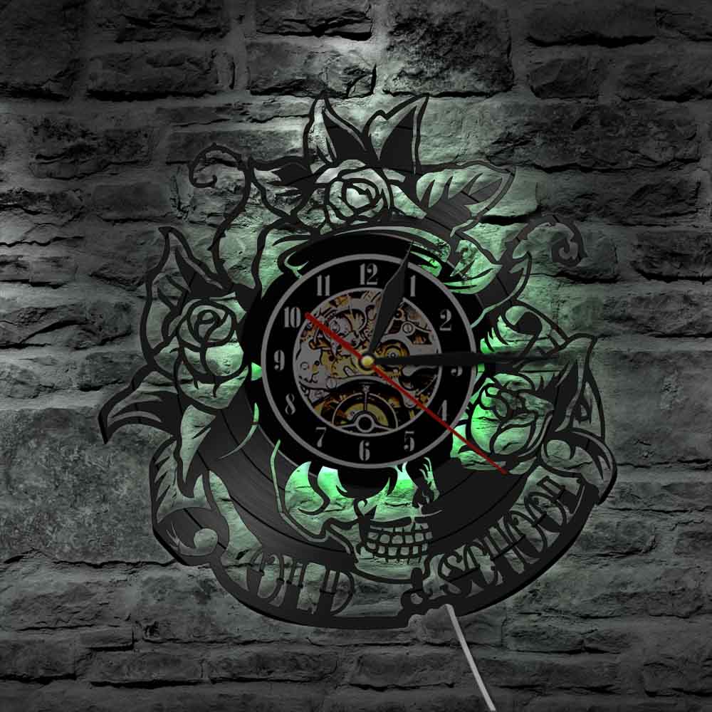 Skull with Rose Vinyl LED Record Wall Clock