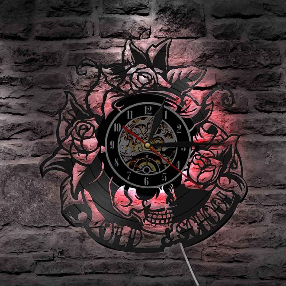 Skull with Rose Vinyl LED Record Wall Clock