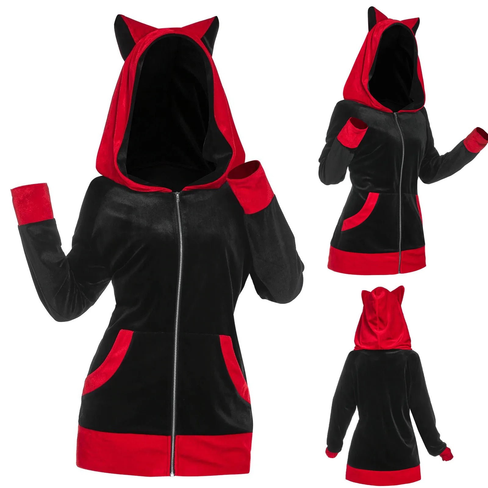 Zip Up Long Sleeve Cat Ears Hooded Sweatshirt