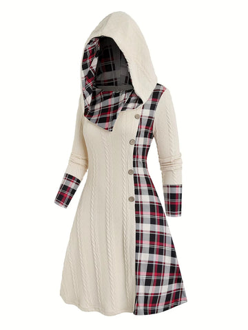 Hooded Plaid Long Sleeve Dress