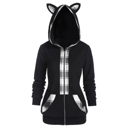 Zip Up Long Sleeve Cat Ears Hooded Sweatshirt