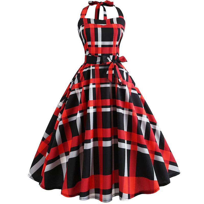 Plaid Print Halter Strapless Dress