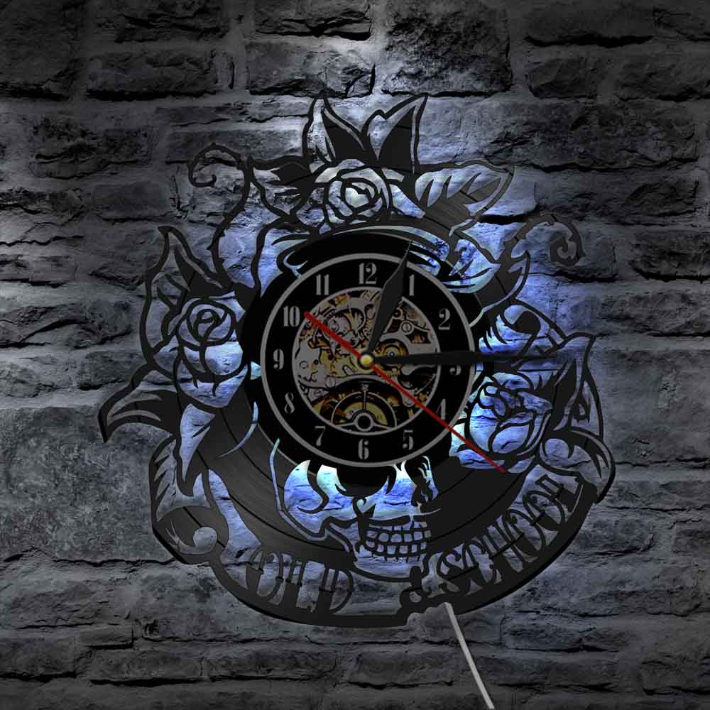 Skull with Rose Vinyl LED Record Wall Clock