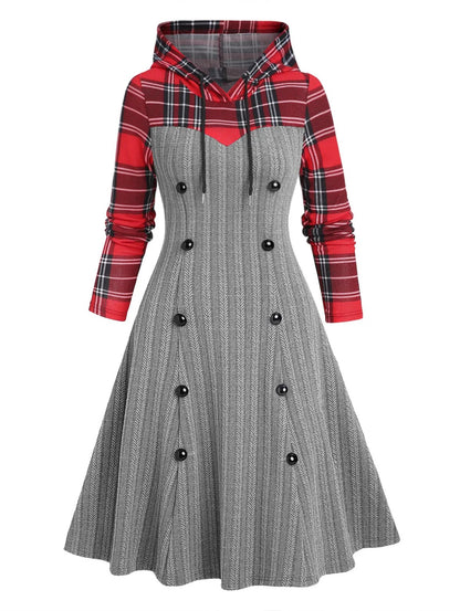 Plaid Textured Knit Hooded Dress
