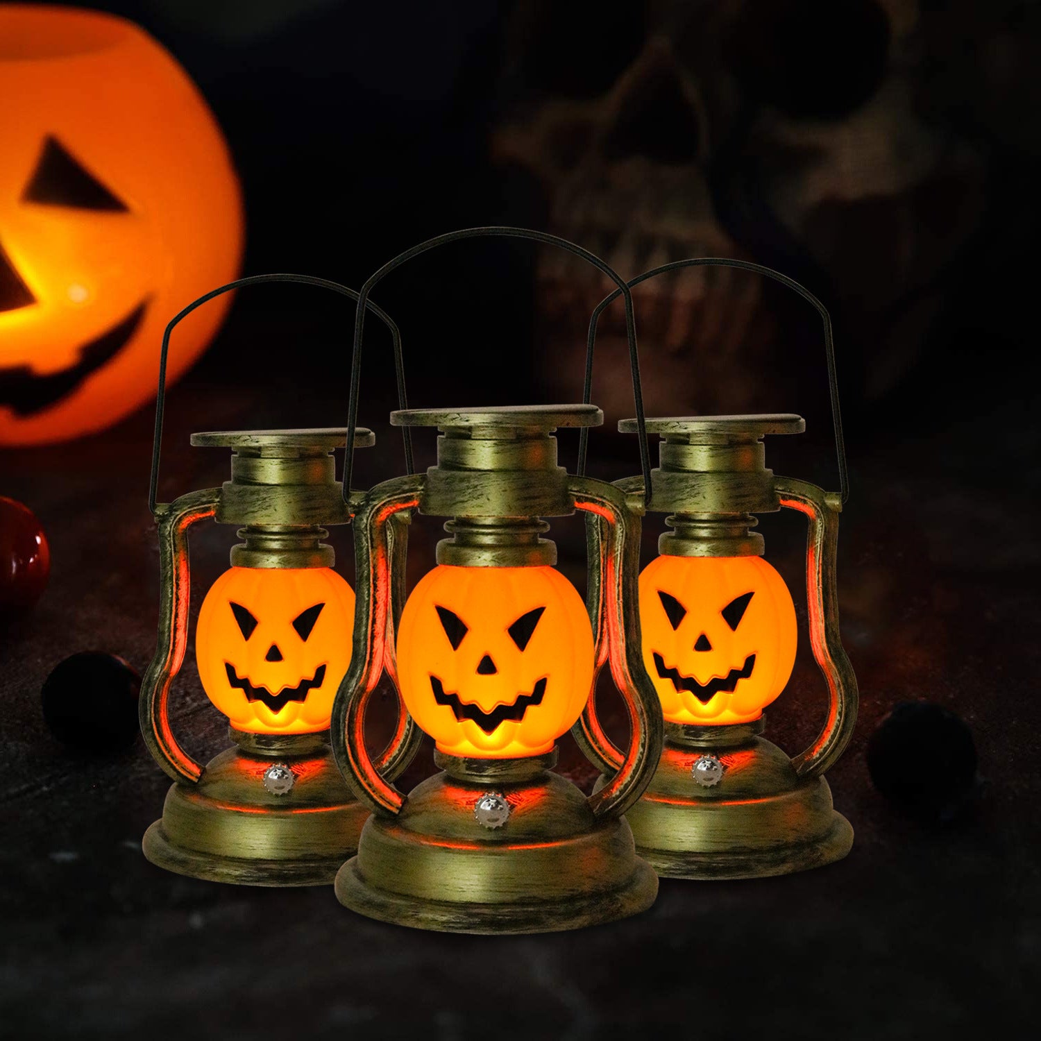 3pc Set Outdoor Solar Hanging Pumpkin Lanterns